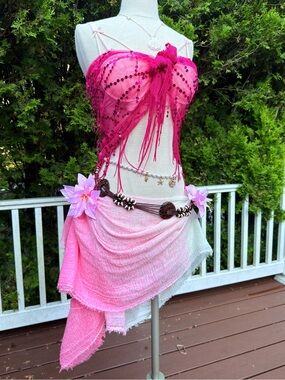 Pink Fairy Sequin Fringe Seashell Bikini Top with Pink & White Ombré Sarong Set